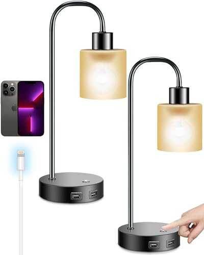 HesenDot Touch Bedside Lamps Set of 2, 3 Way Dimmable Edison Industrial Table Lamps with 1 USB,1 Type C,Black Minimalist Desk Lamp for Reading Bedroom Living Room Office,Glass Lampshade,Bulbs Included