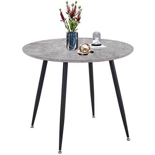 GOLDFAN Round Dining Table Wooden Kitchen Table Marble Effect Dining Room Table with Black Metal Legs for Dining Room Living Room Office, 90cm, Grey
