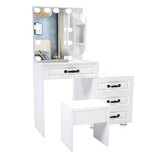 Saicheng White Dressing Table with Stool, Modern Vanity Table Set with Large Light Mirror Adjustable Brightness, Makeup Dresser with 4 Drawers Bedroom Furniture