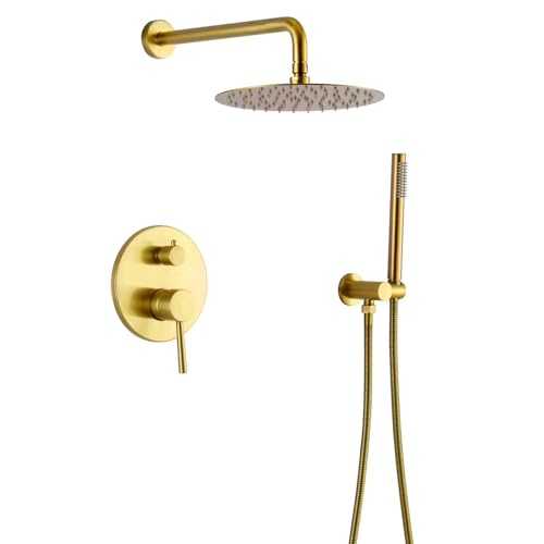 Luxury Bathroom Concealed Shower Tap System Set 12inch Round Ultra-Thin Overhead with Brass Diverter Valve and Handheld Kit Brushed Gold