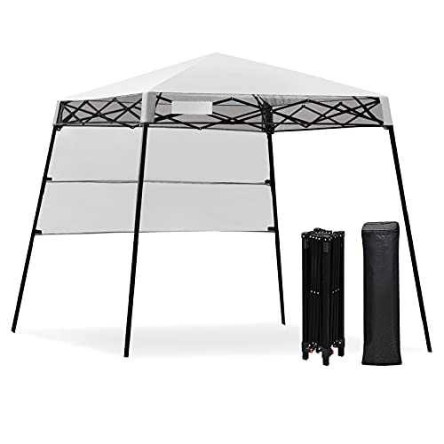 GYMAX 1.8x1.8m Slant Leg Canopy, Waterproof Fire Resistant Pop Up Folding Gazebo Tent with Backpack, Sun Protection Beach Shelter for Hiking, Camping, Party and Barbeque (White)
