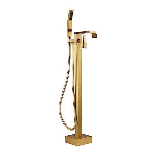 BAGNOLUX Freestanding Bathtub Faucet Brushed Gold Floor Mount Bathroom Tub Filler Faucet with Hand Shower Single Handle One Hole Bath Mixer Tap Lead-free Solid Brass