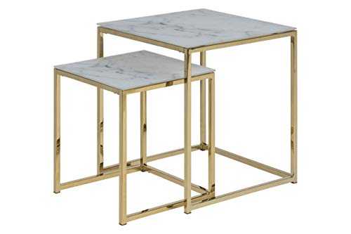 Amazon Brand - Movian Rom Nest of 2 End/Side Tables, 45 x 45 x 50 cm, Glass Top with Marble Effect/Metal Frame