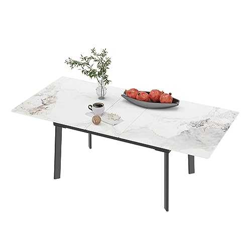FATIVO Extendable Dining Table Sintered Stone: Rectangular Kitchen Diner Room Table Stretchable 130cm - 160cm Jadeite White Marble Texture Leaf Tables 4-6 Seater with Flat-sided Oval Steel Legs