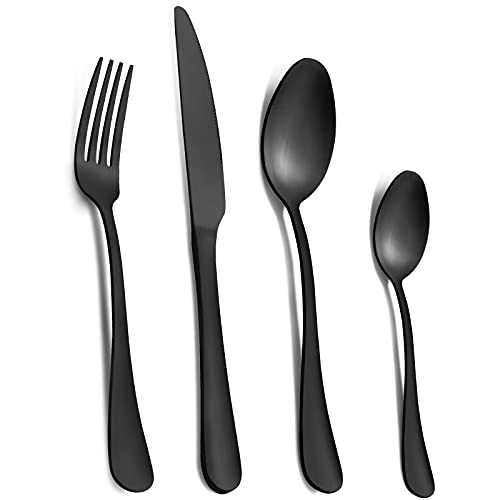 Cutlery Set, Pleafind Matte Black Cutlery Set for 6, 24 Piece Silverware Set, Stainless Steel Knife and Fork Set, Flatware Set, Dishwasher Safe