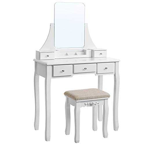 VASAGLE Dressing Table with Large and Frameless Mirror, Modern Dressing Table, Removable Organiser, Rubber Wood Stool, 5 Drawers, for Bedroom, Wardrobe, White RDT25WT.