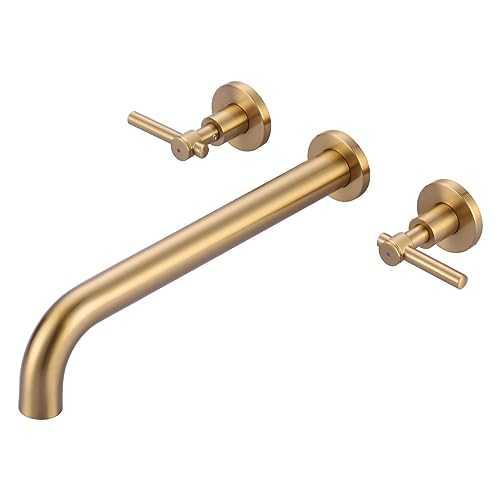 Aleasha Wall Mount Tub Filler Brushed Gold, Wall Mounted Faucet Made of Solid Brass, High Flow Wall Mount Bathroom Faucet with 12-in Long Spout Reach