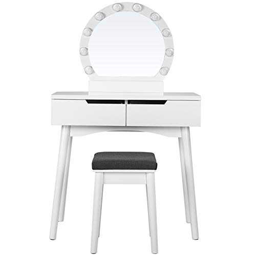 VASAGLE Dressing Table Set with Mirror and Light Bulbs for Makeup, Cushioned Stool and 2 Large Sliding Drawers, for Bedroom, White RDT011W03