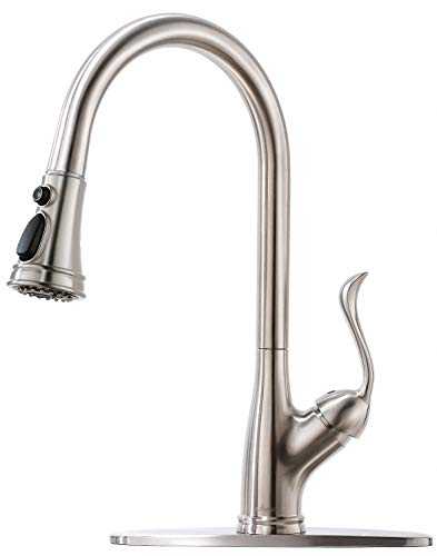 APPASO Single Handle Pull Down Kitchen Faucet with 3-Function Sprayer, Stainless Steel Brushed Nickel High Arc Single Hole Pull Out Spray Head Kitchen Sink Faucet with Escutcheon, K148-BN