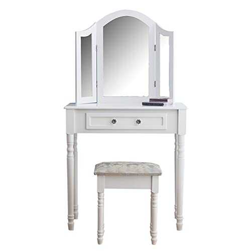 CherryTree Furniture Dressing Table 3 Way Mirrors Triple Mirror Makeup Dresser Set with Stool (White)