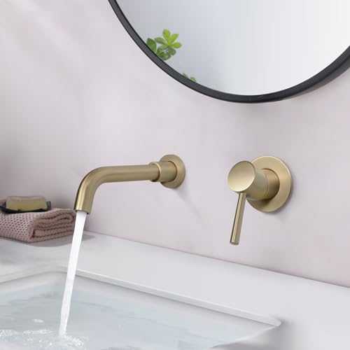 PHASAT Wall Mounted Bathroom Sink Tap,Concealed Brass Basin Hot and Cold Mixer Tap, Brushed Gold PTBB06LG