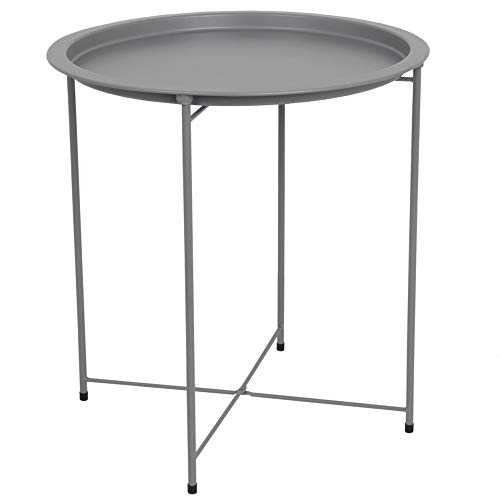 Home Basics Foldable Round Multi-Purpose Metal Side Accent, Coffee, End Table for Bedroom, Living Room (Matte Grey)