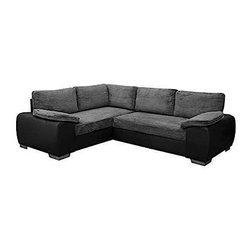 ENZO - CORNER SOFA BED WITH STORAGE - JUMBO CORD FABRIC LEATHER - LEFT HAND SIDE ORIENTATION (GREY AND BLACK)