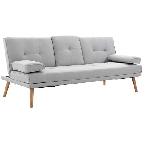 HOMCOM 3 Seater Sofa Bed Scandi Style Recliner Thick Cushions Convertible Adjustable Split Back Middle Table w/ Armrest Cup Holder 72H x 181W x 77Dcm