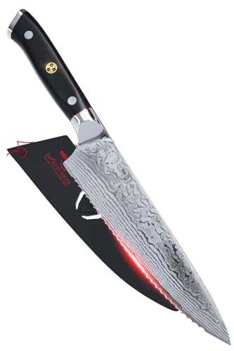 DALSTRONG Serrated Chef's Knife - 7.5" (19 cm) - Shogun Series - Damascus - Japanese AUS-10V Super Steel - Vacuum Treated - Black - Sheath Included