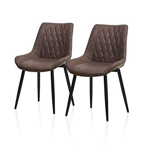 TUKAILAI 2PCS Brown Faux Leather Dining Chairs Brown Chairs Kitchen Counter Chairs Lounge Leisure Dining Room Living Room Corner Chairs with Backrest and Padded Seat Black Metal Legs