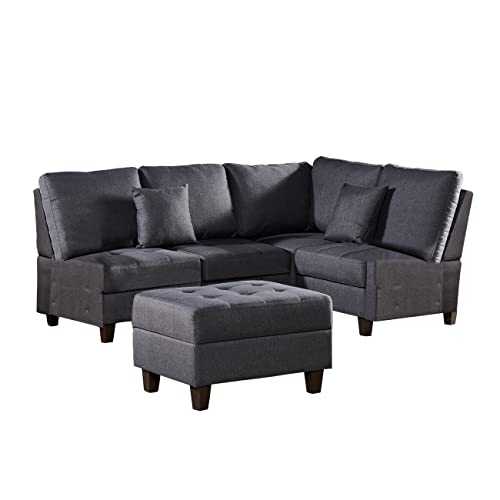 BonChoice 3 Seater Corner Sofas with Footstool & 2 Pillows for Living Room, Modern Fabric L Shaped Sectional Sofa Couch with Armrest for Small Space, Settee for Guest Room Office Apartment Dark Grey