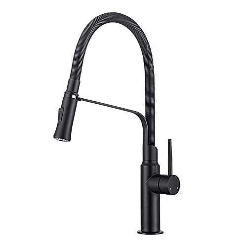 Shower Set Swivel Kitchen Faucet with Pull Down Sprayer, Stretchable Spring Deck Mounted Kitchen Sink Faucet High Arc Single Handle Kitchen Tap with Cold and Hot Water,Black