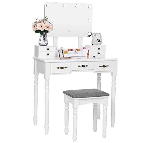 ANWBROAD Dressing Table Vanity Set Mirror 8 LED Bulbs Vanity Desk Vanity Table with 7 Drawers 3 DIY Dividers Padded Stool Movable Organiser White Large Frameless Mirror BDT08W