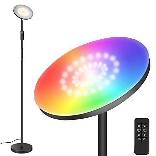 Bomcosy Floor Lamp Color Changing, Dimmable Tall Lamp with Remote & Touch Control, 2700K-6500K & RGB Modern Standing Lamps for Living Room Office Home Decoration Black