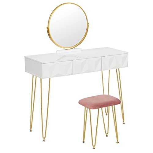 EUGAD White Dressing Table with Velvet Pink Stool 360° Swiveling Mirror Set with 3 3D Effect Drawers Under the Makeup Bedroom Desk Dresser Set Hairpin Legs