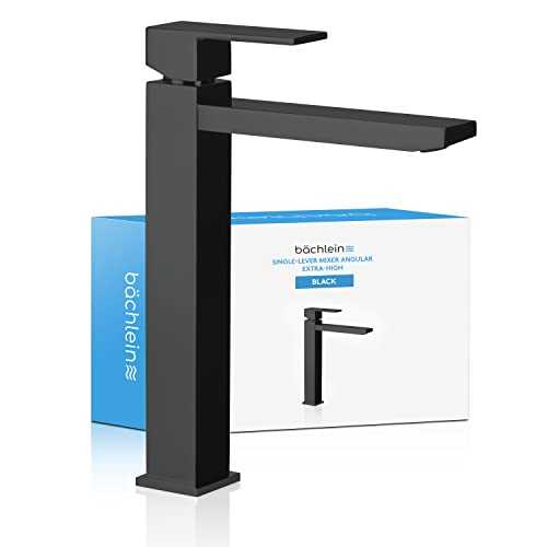 Bächlein High Faucet for Bathroom [Angular - Matt Black] - Extra High Tap with 215mm Spout Height for Countertop Washbasin, Washbasin Water Tap High Spout