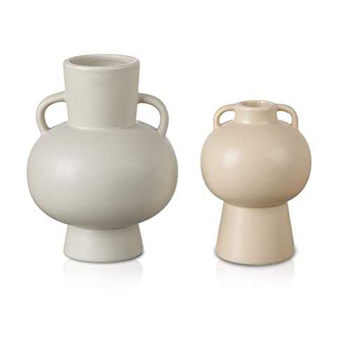 TERESA'S COLLECTIONS Vase for Flowers Set of 2 Modern Flower Vases for Gifts, Grey Beige Ceramic Vase, Decorative Glazed Pottery Vase for House Decoration Living Room Bedroom, 18cm Tall