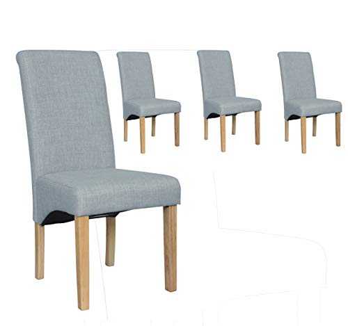 Enjoy Set of 4 Premium Fabric Linen Dining Chairs Roll Top Scroll High Back with Solid Wood Oak effect Legs Contemporary Modern Look (Light Grey)