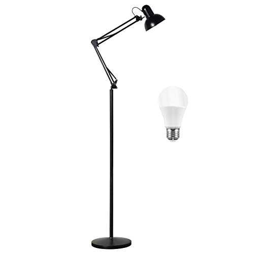 BBE Floor Lamp Standing Lamp, Adjustable Architect Swing Arm Standing Reading Lamp with Metal Base, Modern Design Studying Light with On/Off Switch for Living Room Bedroom Piano Room (Black)