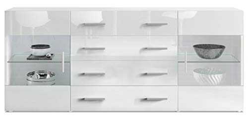 Vladon Sideboard Chest of Drawers Bari V2, Carcass in White matt/Fronts in White High Gloss