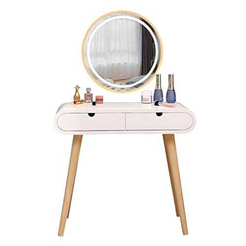 xuejuanshop Makeup Dressing Table White Vanity Table with Lighted LED Touch Screen Dimming Round Mirror Makeup Dressing Table Sliding Drawers for Lady Girl Bedroom Vanity Table (Size : 80cm)
