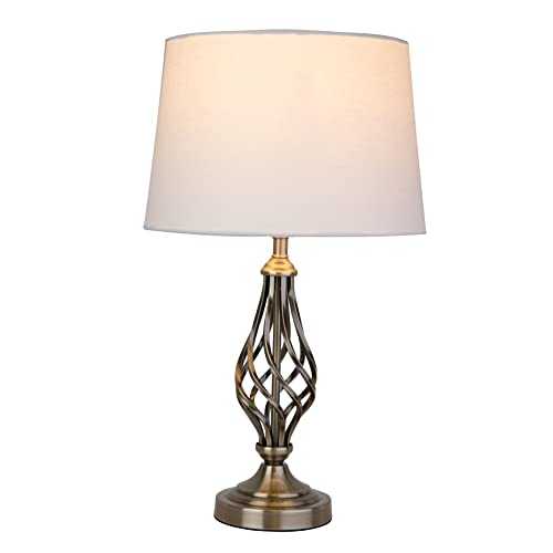Queenswood Traditional Twist Table Lamp / Antique Brass / Ivory Linen Drum Shade