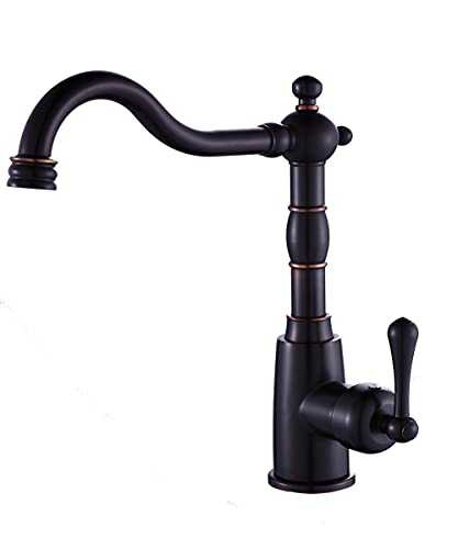 kisimixer Kitchen Sink Mixer Tap, Cold and Hot Water Bathroom Basin Faucet, Single Handle Tap for Bathroom or Kitchen, Antique Black Long Curve High Arch 360 ° Swivel Spout Kitchen Tap,Solid Brass