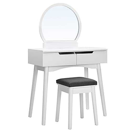 SONGMICS Dressing Table Set with Mirror, Wood, Bianco, 80 x 128 x 40 cm (Schminktisch), 32,5 x 45,5 x 32,5 cm (Hocker)
