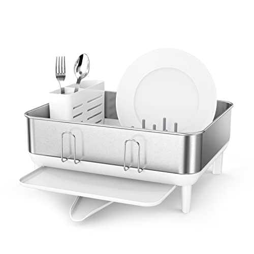 simplehuman KT1191DC Compact Steel Frame Dish Rack, Kitchen Drainer, Drip Tray, 360º Swivel Spout, Wine Glass & Cutlery Holder, Rustproof, White with Brushed Stainless Steel