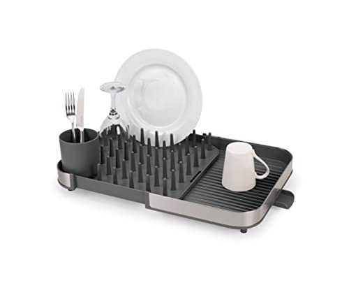 Joseph Joseph Duo Expanding Dish Drainer Rack with Removable Cutlery Holder, Draining Spout, Stainless-steel