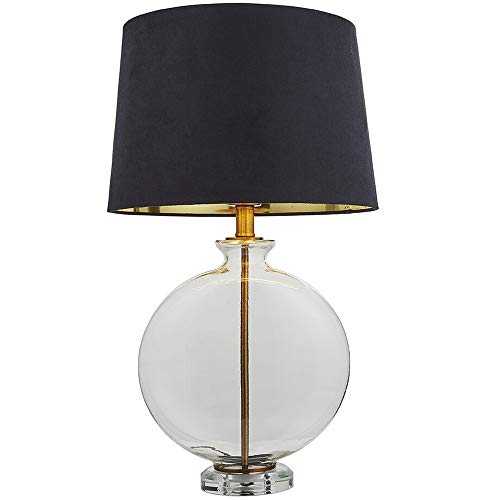 Round Feature Table Lamp Light – Clear Glass Base | Antique Brass | Dark Velvet Shade – Sideboard/Bedside Feature Light – Elegant & Contemporary Classic – Inline Switch – 60W Max E27