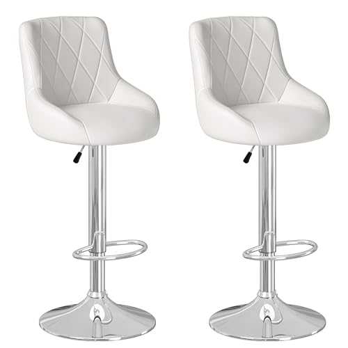 JOISCOPE Bar Stool, Modern Bar Stools Set of 2 PU Leather Swivel Height Adjustable Swivel Gas Lift Bar Chairs with Back, Footrest, and Base for Breakfast Bar, Counter (C-Style, White)