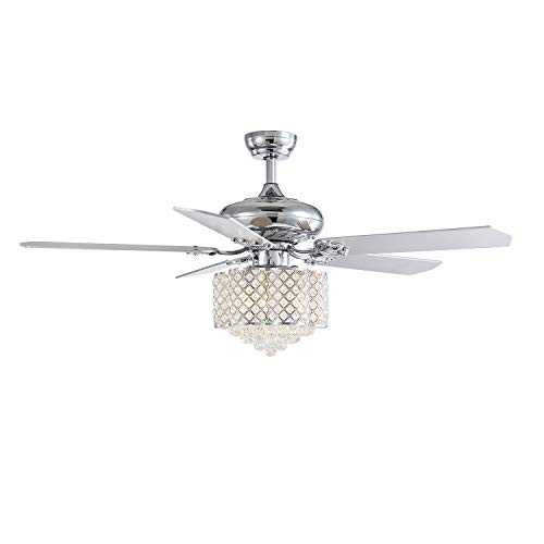 SILJOY 52” Modern Ceiling Fan with Light and Remote Reversible Silver Wood Blades, Crystal Lampshade Fandelier Pendant Lighting for Dinning Room Bedroom Living Room