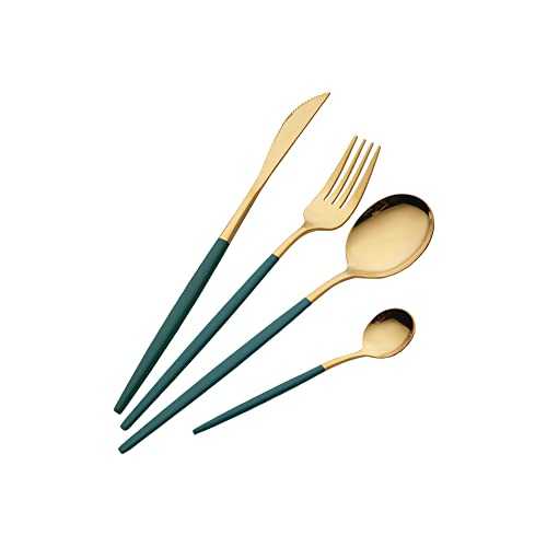 16 Piece Green and Golden Cutlery Set,Green Handle Knife Fork Spoon Set,Green Gold Stainless Steel Cutlery ,4 Person Dinner Set (Green Gold)
