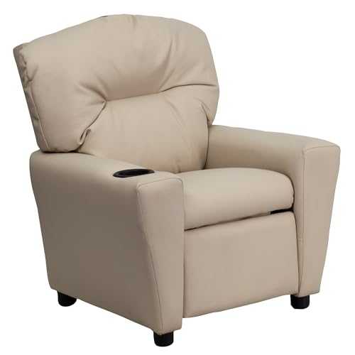 Flash Furniture Contemporary Kids Recliner with Cup Holder, Wood, Beige Vinyl, 66.04 x 53.34 x 53.34 cm