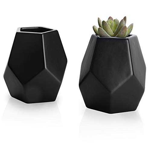 MyGift Modern Planters - Matte Black Ceramic Geometric Flower Vases, 4 inch Succulent Planter Pot, Set of 2