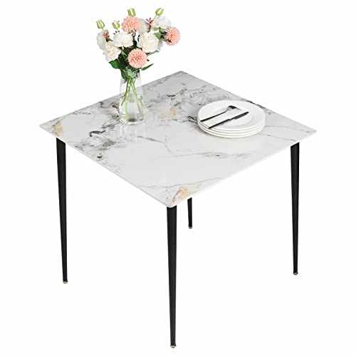FATIVO Kitchen Dining Table Marble Tabletop: Square 80cm Modern Sintered Stone Cold Jadeite Pattern High Gloss Marble Effect Top Dinner Tables 4 Seater with Tapered Metal Legs Living Room Furniture