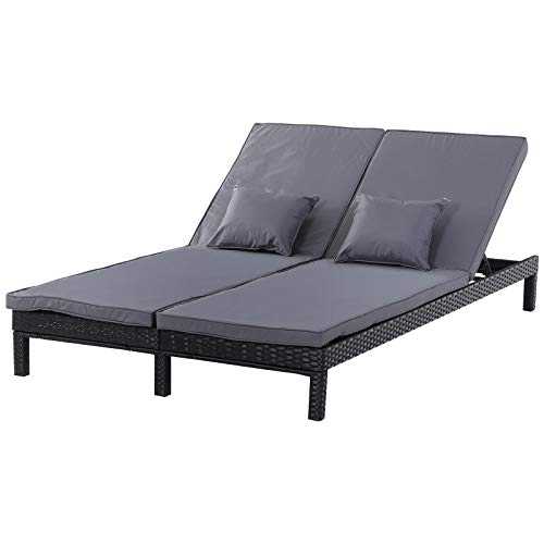 Outsunny Garden Double Rattan Sun Lounger Companion Reclining Recliner Wicker Weave Patio Outdoor Furniture Cushioned - Black