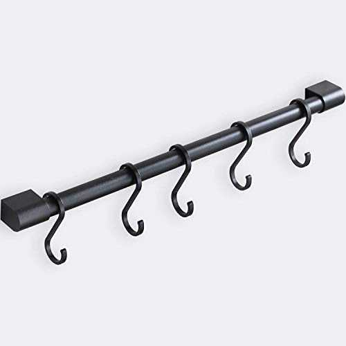 MIAOHUI Kitchen Rail with Hooks, Pan and Pot Hangers for Kitchen Wall Mount, Kitchen Utensil Rack with Removable S Hook, Aluminum (17.3inch_Black_5Hooks)