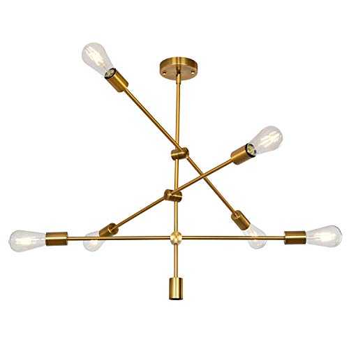 Heircido Gold Sputnik Chandelier 6 Light, Metal, Rotatable Arms, Gold Sputnik Ceiling Light Modern Sputnik Light Modern Chandelier for Living Room Dining Room