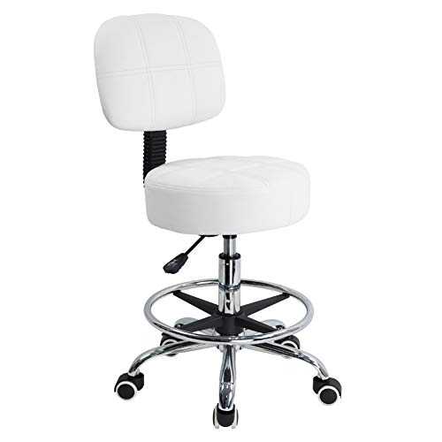 KKTONER Swivel Round Rolling Stool PU Leather with Adjustable Foot Rest, Height Adjustable Task Work Drafting Chair with Back (White)