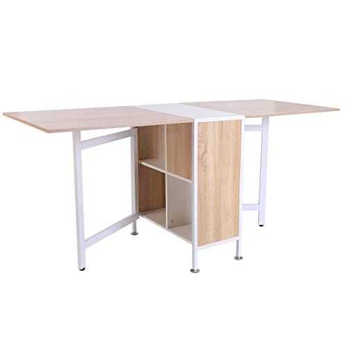 HOMCOM Foldable Drop Leaf Dining Table Folding Workstation for Small Space with Storage Shelves Cubes Oak & White