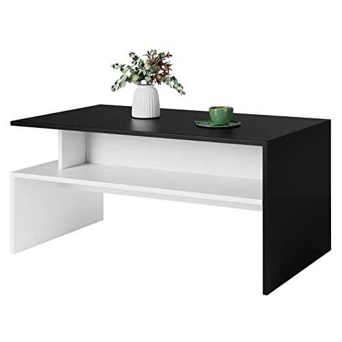 J-Z-W Coffee Table for Living Room Side Table Modern Centre Table with Open Storage Shelf 90x50x43cm White+Black