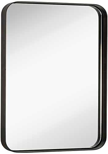 Hamilton Hills Contemporary Brushed Metal Wall Mirror | Glass Panel Bronze Framed Rounded Corner Deep Set Design | Mirrored Rectangle Hangs Horizontal or Vertical (16" x 24")